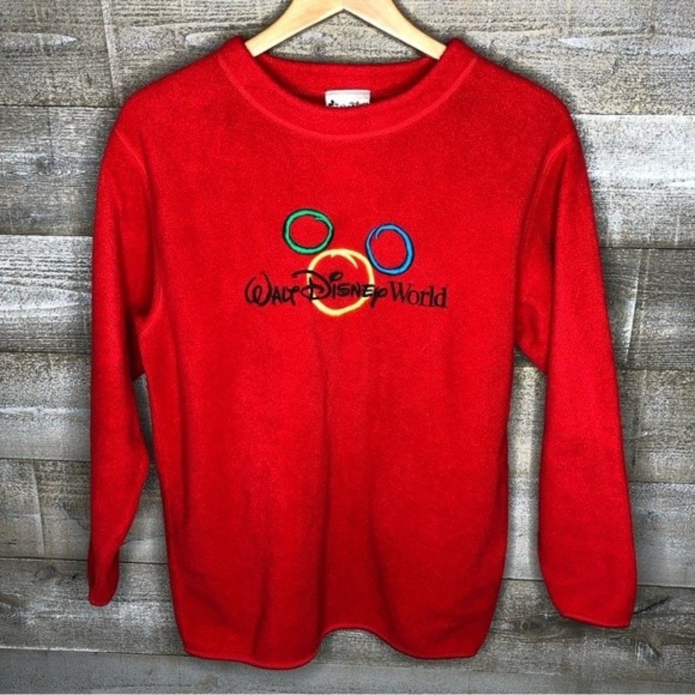 Walt Disney World women small red fleece pullover sweater Mickey Mouse ears